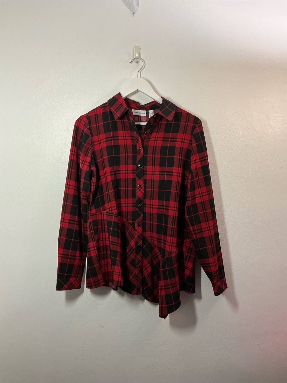 Susan Graver Red & Black Plaid Button-Down Shirt Asymmetrical Size XXS
